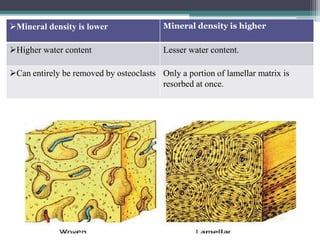 D
Mineral density is lower Mineral density is higher
Higher water content Lesser water content.
Can entirely be removed by osteoclasts Only a portion of lamellar matrix is
resorbed at once.
 