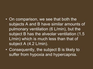 • On comparison, we see that both the
subjects A and B have similar amounts of
pulmonary ventilation (6 L/min), but the
subject B has the alveolar ventilation (1.5
L/min) which is much less than that of
subject A (4.2 L/min).
• Consequently, the subject B is likely to
suffer from hypoxia and hypercapnia.
 