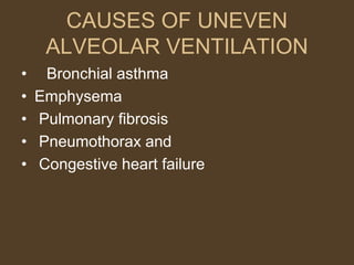 CAUSES OF UNEVEN
ALVEOLAR VENTILATION
• Bronchial asthma
• Emphysema
• Pulmonary fibrosis
• Pneumothorax and
• Congestive heart failure
 