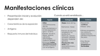 Manifestaciones clínicas
• Presentación inicial y evolución
dependen de:
• Características de la exposición
• Antígeno
• Respuesta inmune del individuo
Aguda
•Altas
concentraciones
del Ag
•2-8 h posteriores a
la 2da exposición
(pico: 12-24 h)
•Disnea, tos seca,
fiebre, astenia,
adinamia,
artromialgias,
malestar general
•Síntomas ceden
espontáneamente
al evitar contacto
con el antígeno
Subaguda
•Bajas dosis del Ag
•Semanas- meses
•Disnea de esfuerzo
progresiva, tos
productiva,
febrícula, astenia,
anorexia, pérdida
de peso, malestar
general.
•Resolución más
lenta; hay
exacerbaciones y
remisiones.
Crónica
•Exposición
continua
•Meses- años
•Disnea progresiva,
tos crónica ±
expectoración,
pérdida importante
de peso.
•Hay fibrosis
pulmonar
progresiva e
irreversible
Cuando ya está sensibilizado…
 