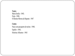 Teatro
Maria Emília - 1945;
Forja - 1948;
O Destino Morreu de Repente - 1967

Contos
Nasci com passaporte de turista - 1940;
Espólio - 1943;
Histórias Afluentes - 1963
 