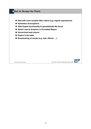 6
© SAP AG 2005, ABAP Web Dynpro
Not in Scope for Paris
Deal with more complex filter criteria (e.g. regular expressions)
Semantics of exceptions
Offer Export functionality to spreadsheets like Excel
Switch view to Graphics or Formatted Report
Hierarchical lead column
PopIns in the table
Broadcasting of results (e.g. mail, cRoom, …)
 