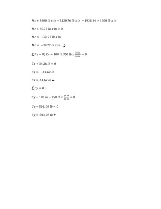 𝑀𝑐 + 3600 𝑙𝑏 𝑥 𝑖𝑛 − 3230,76 𝑙𝑏 𝑥 𝑖𝑛 − 1938,46 + 1600 𝑙𝑏 𝑥 𝑖𝑛
𝑀𝑐 + 30.77 𝑙𝑏 𝑥 𝑖𝑛 = 0
𝑀𝑐 = −30, 77 𝑙𝑏 𝑥 𝑖𝑛
𝑀𝑐 = −30,77 𝑙𝑏 𝑥 𝑖𝑛
∑ 𝐹𝑥 = 0; 𝐶𝑥 − 100 𝑙𝑏 350 𝑙𝑏 𝑥
10 𝑖𝑛
26 𝑖𝑛
= 0
𝐶𝑥 + 34.26 𝑙𝑏 = 0
𝐶𝑥 = −34, 62 𝑙𝑏
𝐶𝑥 = 34,62 𝑙𝑏
∑ 𝐹𝑦 = 0 ;
𝐶𝑦 − 180 𝑙𝑏 − 350 𝑙𝑏 𝑥
24 𝑖𝑛
26 𝑖𝑛
= 0
𝐶𝑦 − 503, 08 𝑙𝑏 = 0
𝐶𝑦 = 503,08 𝑙𝑏
 