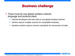 BBuussiinneessss cchhaalllleennggee 
• There must be one global wireless network 
language and protocol stack 
• Internet developers will only write to one global wireless Internet. 
• carriers require multiple sources for compatible handsets. 
• handset vendors require common standards for economies of scale. 
© 1999 NOKIA, ©1999 Wireless Application Forum, Ltd. WAPXML-99.ppt / 2 / 22-September 1999 
 