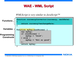 WWAAEE -- WWMMLL SSccrriipptt 
Functions 
WMLScript is very similar to JavaScriptÔ 
Variables 
Programming 
Constructs 
function currencyConvertor(currency, exchRate) 
{ 
return currency*exchangeRate; 
} 
function myDay(sunShines) { 
var myDay; 
if (sunShines) { 
myDay = “Good”; 
} else { 
myDay = “Not so good”; 
}; 
return myDay; 
} 
© 1999 NOKIA, ©1999 Wireless Application Forum, Ltd. WAPXML-99.ppt / 32 / 22-September 1999 
 