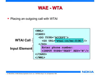 WWAAEE -- WWTTAA 
• Placing an outgoing call with WTAI 
WTAI Call 
Input Element 
<WML> 
<CARD> 
<DO TYPE=“ACCEPT”> 
<GO URL=“wtai:cc/mc;$(N)”/> 
</DO> 
Enter phone number: 
<INPUT TYPE=“TEXT” KEY=“N”/> 
</CARD> 
</WML> 
© 1999 NOKIA, ©1999 Wireless Application Forum, Ltd. WAPXML-99.ppt / 34 / 22-September 1999 
 
