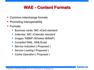 WWAAEE -- CCoonntteenntt FFoorrmmaattss 
• Common interchange formats 
• Promoting interoperability 
• Formats: 
• Business cards: IMC vCard standard 
• Calendar: IMC vCalendar standard 
• Images: WBMP (Wireless BitMaP) 
• Compiled WML, WMLScript 
• Service Indication ( Proposed ) 
• Service Loading ( Proposed ) 
• Cache Operation ( Proposed ) 
© 1999 NOKIA, ©1999 Wireless Application Forum, Ltd. WAPXML-99.ppt / 36 / 22-September 1999 
 