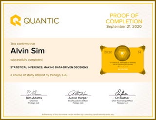 This confirms that
successfully completed
a course of study offered by Pedago, LLC
Authenticity of this document can be verified by contacting certificates@quantic.edu
PROOF OF
COMPLETION
Alvin Sim
STATISTICAL INFERENCE: MAKING DATA-DRIVEN DECISIONS
September 21, 2020
 