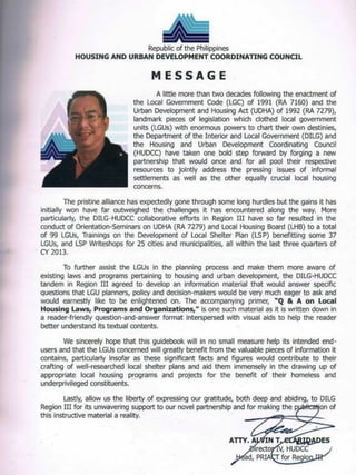 Message of Atty. Alvin Claridades in Q & A on Local Housing Laws, Programs and Organizations 