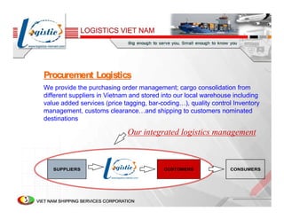 Procurement Logistics
We provide the purchasing order management; cargo consolidation from
different suppliers in Vietnam and stored into our local warehouse including
value added services (price tagging, bar-coding…), quality control Inventory
management, customs clearance…and shipping to customers nominated
destinations

                             Our integrated logistics management



   SUPPLIERS                              CUSTOMERS              CONSUMERS
 