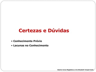 Certezas e Dúvidas Conhecimento Prévio Lacunas no Conhecimento Beatriz Corso Magdalena e Iris Elisabeth Tempel Costa 