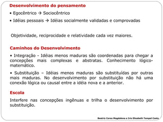 Desenvolvimento do pensamento Egocêntrico    Sociocêntrico Idéias pessoais    Idéias socialmente validadas e comprovadas Objetividade, reciprocidade e relatividade cada vez maiores. Caminhos do Desenvolvimento Integração - Idéias menos maduras são coordenadas para chegar a concepções mais complexas e abstratas. Conhecimento lógico-matemático. Substituição – Idéias menos maduras são substituídas por outras mais maduras. No desenvolvimento por substituição não há uma conexão lógica ou causal entre a idéia nova e a anterior. Escola Interfere nas concepções ingênuas e trilha o desenvolvimento por substituição.  Beatriz Corso Magdalena e Iris Elisabeth Tempel Costa 