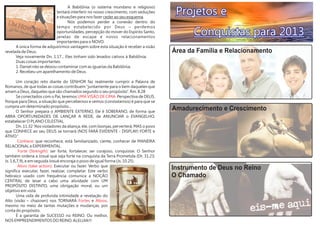 Projetos e
                                    A Babilônia (o sistema mundano e religioso)
                             tentará interferir no nosso crescimento, com seduções
                             e situações para nos fazer ceder ao seu esquema.
 U N                                Nós podemos perder a conexão dentro do
    M                        tempo estabelecido por Deus – perdemos
                                                                                                Conquistas para 2013
          OVO
                 T EMP oportunidades, percepção do mover do Espírito Santo,
                         O janelas de escape e novos relacionamentos
                             importantes para o NOVO.
      A única forma de adquirirmos vantagem sobre esta situação é receber a visão
revelada de Deus.                                                                         Área da Família e Relacionamento
      Veja novamente Dn. 1.17... Eles tinham sido levados cativos à Babilônia.
      Duas coisas importantes:
      1. Daniel não se deixou contaminar com as iguarias da Babilônia;
      2. Recebeu um aparelhamento de Deus.

        Um coração reto diante do SENHOR faz realmente cumprir a Palavra de
Romanos, de que todas as coisas contribuem “juntamente para o bem daqueles que
amam a Deus, daqueles que são chamados segundo o seu propósito”. Rm. 8.28
        Se conectados com o Pai, teremos UMA VISÃO DE CIMA. Perspectiva de DEUS.
Porque para Deus, a situação que percebemos e vemos (constatamos) é para que se
cumpra um determinado propósito...
        O Senhor prepara o AMBIENTE EXTERNO, Ele é SOBERANO, de forma que
                                                                                          Amadurecimento e Crescimento
ABRA OPORTUNIDADES DE LANÇAR A REDE, de ANUNCIAR o EVANGELHO,
estabelecer O PLANO CELESTIAL.
        Dn. 11.32 “Aos violadores da aliança, ele, com lisonjas, perverterá, MAS o povo
que CONHECE ao seu DEUS se tornará (NOS FARÁ EVIDENTE - DISPLAY) FORTE e
ATIVO.”
         Conhece: que reconhece, está familiarizado, ciente, conhecer de MANEIRA
RELACIONAL e EXPERIMENTAL.
         Forte (Strength): ser forte, fortalecer, ser corajoso, conquistar. O Senhor
também ordena a Josué que seja forte na conquista da Terra Prometida (Dt. 31.23;
Js. 1.6,7,9), e em seguida Josué encoraja o povo de igual forma (Js. 10.25).
         Ativo (take action): Executar ou fazer. Verbo que
significa executar, fazer, realizar, completar. Este verbo
                                                                                          Instrumento de Deus no Reino
hebraico usado com frequência comunica a NOÇÃO                                            O Chamado
CENTRAL de levar a cabo uma atividade com UM
PROPÓSITO DISTINTO, uma obrigação moral, ou um
objetivo em vista.
        Uma vida de profunda intimidade e revelação do
Alto (visão – chazown) nos TORNARÁ Fortes e Ativos,
mesmo no meio de tantas mutações e mudanças, por
conta do propósito.
        É a garantia de SUCESSO no REINO. Ou melhor,
NOS EMPREENDIMENTOS DO REINO. ALELUIA!!!
 