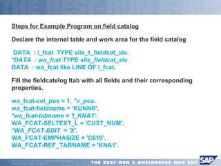 Steps for Example Program on field catalog 
Declare the internal table and work area for the field catalog 
 DATA : i_fcat TYPE slis_t_fieldcat_alv. 
*DATA : wa_fcat TYPE slis_fieldcat_alv. 
DATA : wa_fcat like LINE OF i_fcat. 
Fill the fieldcatelog Itab with all fields and their corresponding 
properties. 
wa_fcat-col_pos = 1. "v_pos. 
wa_fcat-fieldname = 'KUNNR'. 
*wa_fcat-tabname = 'I_KNA1'. 
WA_FCAT-SELTEXT_L = 'CUST_NUM'. 
*WA_FCAT-EDIT = 'X'. 
WA_FCAT-EMPHASIZE = 'C610'. 
WA_FCAT-REF_TABNAME = 'KNA1'. 
ã SAP AG 2001, Smart Forms - the Form Printing Solution, 
Claudia Binder / Jens Stumpe 12 
 
