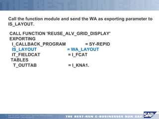 Call the function module and send the WA as exporting parameter to 
IS_LAYOUT. 
 CALL FUNCTION 'REUSE_ALV_GRID_DISPLAY' 
EXPORTING 
I_CALLBACK_PROGRAM = SY-REPID 
IS_LAYOUT = WA_LAYOUT 
IT_FIELDCAT = I_FCAT 
TABLES 
T_OUTTAB = I_KNA1. 
ã SAP AG 2001, Smart Forms - the Form Printing Solution, 
Claudia Binder / Jens Stumpe 22 
 
