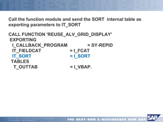 Call the function module and send the SORT internal table as 
exporting parameters to IT_SORT 
CALL FUNCTION 'REUSE_ALV_GRID_DISPLAY' 
EXPORTING 
I_CALLBACK_PROGRAM = SY-REPID 
IT_FIELDCAT = I_FCAT 
IT_SORT = I_SORT 
TABLES 
T_OUTTAB = I_VBAP. 
ã SAP AG 2001, Smart Forms - the Form Printing Solution, 
Claudia Binder / Jens Stumpe 28 
 