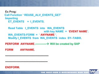 Ex Prog: 
Call Function ‘ REUSE_ALV_EVENTS_GET’ 
 Importing 
 ET_EVENTS = I_EVENTS. 
 Read Table I_EVENTS into WA_EVENTS 
 with key NAME = ‘EVENT NAME’. 
 WA_EVENTS-FORM = ‘ ANYNAME ’. 
 Modify I_EVENTS from WA_EVENTS index SY–TABIX. 
PERFORM ANYNAME.------------ Will be created by SAP 
FORM ANYNAME. 
 ----------------------------------------------- 
 ---------------------------------------------- 
ENDFORM. 
ã SAP AG 2001, Smart Forms - the Form Printing Solution, 
Claudia Binder / Jens Stumpe 31 
 