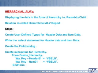 HIERARCHIAL ALV’s: 
Displaying the data in the form of hierarchy i.e. Parent-to-Child 
Relation is called Hierarchical ALV Report 
Steps: 
Create User-Defined Types for Header Data and Item Data. 
Write the select statement for Header data and Item Data. 
Create the Fieldcatalog . 
Create subroutine for Hierarchy. 
 Form Create_Hierarchy. 
 Wa_Key – Header01 = ‘VBELN’. 
 Wa_Key – Item01 = ‘VBELN’. 
 EndForm. 
ã SAP AG 2001, Smart Forms - the Form Printing Solution, 
Claudia Binder / Jens Stumpe 44 
 