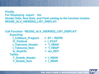 Finally, 
For Displaying export the 
Header Data, Item Data, and Field catalog to the function module 
REUSE_ALV_HIERSEQ_LIST_DISPLAY. 
Call Function ‘REUSE_ALV_HIERSEQ_LIST_DISPLAY’ 
 Exporting 
 I_Callback_Program = SY – REPID 
 IT_Fieldcat = I_FCAT 
 I_Tabname_Header = ‘I_VBAK’ 
 I_Tabname_Item = ‘I_VBAP’ 
 Is_KeyInfo = wa_KEY 
 Tables 
 T_Outtab_Header = I_VBAK 
 T_Outtab_Item = I_VBAP. 
ã SAP AG 2001, Smart Forms - the Form Printing Solution, 
Claudia Binder / Jens Stumpe 45 
