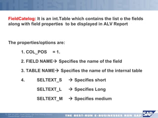 FieldCatelog: It is an int.Table which contains the list o the fields 
along with field properties to be displayed in ALV Report 
The properties/options are: 
 1. COL_POS = 1. 
 2. FIELD NAME Specifies the name of the field 
 3. TABLE NAME Specifies the name of the internal table 
 4. SELTEXT_S  Specifies short 
 SELTEXT_L  Specifies Long 
 SELTEXT_M  Specifies medium 
ã SAP AG 2001, Smart Forms - the Form Printing Solution, 
Claudia Binder / Jens Stumpe 8 
 