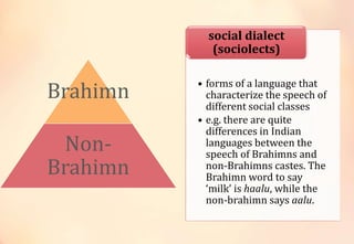 • forms of a language that
characterize the speech of
different social classes
• e.g. there are quite
differences in Indian
languages between the
speech of Brahimns and
non-Brahimns castes. The
Brahimn word to say
‘milk’ is haalu, while the
non-brahimn says aalu.
social dialect
(sociolects)
Brahimn
Non-
Brahimn
 