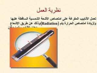 ‫تعمل النابيب المفرغة على امتصاص الشعة الشمسية الساقطة عليها‬
 ‫ولزيادة امتصاص الحرارة يتم )‪ (Radiation‬وذلك عن طريق الشعاع‬
‫.دهان النابيب بلون داكن‬
 