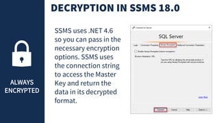 ALWAYS
ENCRYPTED
SSMS uses .NET 4.6
so you can pass in the
necessary encryption
options. SSMS uses
the connection string
to access the Master
Key and return the
data in its decrypted
format.
 