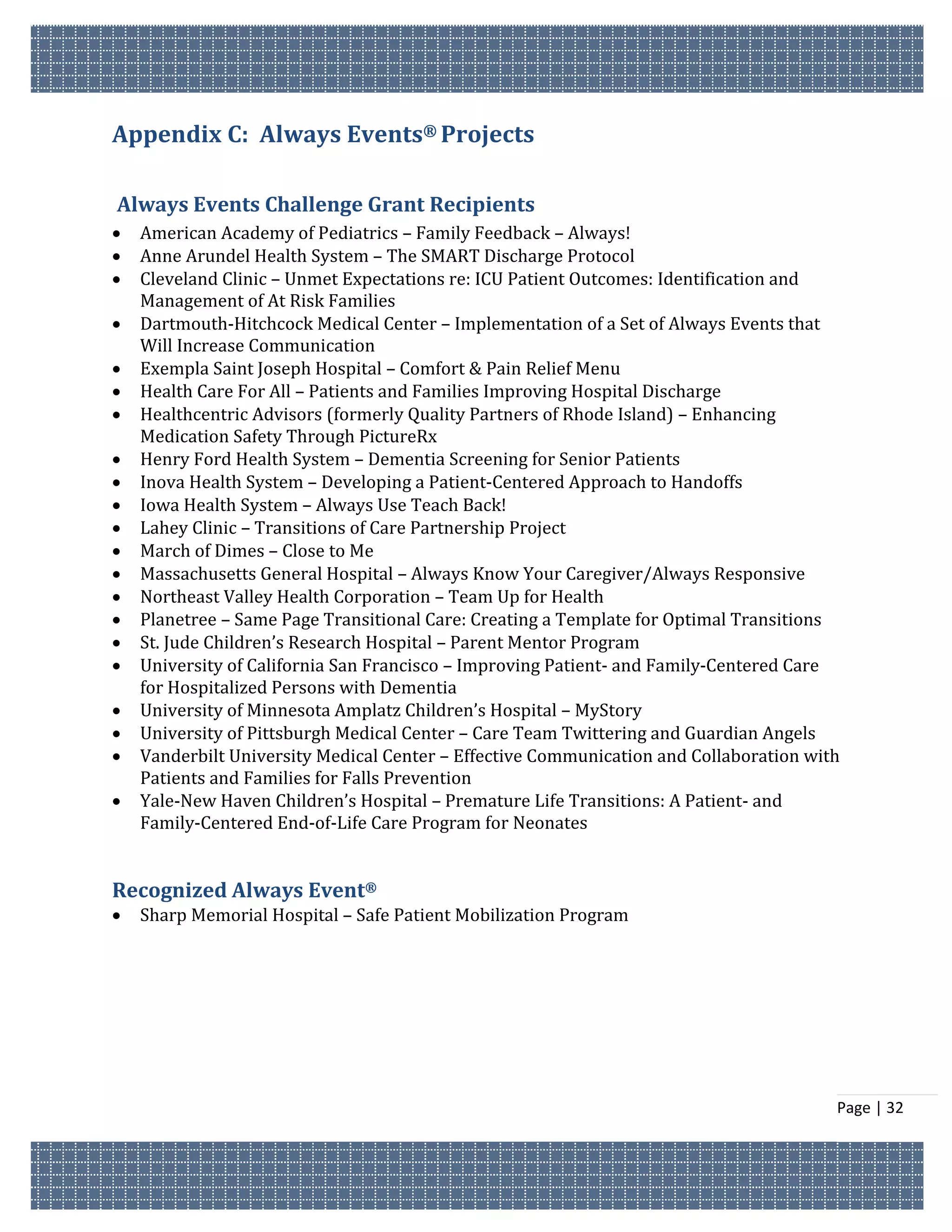 Appendix C: Always Events® Projects

Always Events Challenge Grant Recipients
   American Academy of Pediatrics – Family Feedback – Always!
   Anne Arundel Health System – The SMART Discharge Protocol
   Cleveland Clinic – Unmet Expectations re: ICU Patient Outcomes: Identification and
    Management of At Risk Families
   Dartmouth-Hitchcock Medical Center – Implementation of a Set of Always Events that
    Will Increase Communication
   Exempla Saint Joseph Hospital – Comfort & Pain Relief Menu
   Health Care For All – Patients and Families Improving Hospital Discharge
   Healthcentric Advisors (formerly Quality Partners of Rhode Island) – Enhancing
    Medication Safety Through PictureRx
   Henry Ford Health System – Dementia Screening for Senior Patients
   Inova Health System – Developing a Patient-Centered Approach to Handoffs
   Iowa Health System – Always Use Teach Back!
   Lahey Clinic – Transitions of Care Partnership Project
   March of Dimes – Close to Me
   Massachusetts General Hospital – Always Know Your Caregiver/Always Responsive
   Northeast Valley Health Corporation – Team Up for Health
   Planetree – Same Page Transitional Care: Creating a Template for Optimal Transitions
   St. Jude Children’s Research Hospital – Parent Mentor Program
   University of California San Francisco – Improving Patient- and Family-Centered Care
    for Hospitalized Persons with Dementia
   University of Minnesota Amplatz Children’s Hospital – MyStory
   University of Pittsburgh Medical Center – Care Team Twittering and Guardian Angels
   Vanderbilt University Medical Center – Effective Communication and Collaboration with
    Patients and Families for Falls Prevention
   Yale-New Haven Children’s Hospital – Premature Life Transitions: A Patient- and
    Family-Centered End-of-Life Care Program for Neonates


Recognized Always Event®
   Sharp Memorial Hospital – Safe Patient Mobilization Program




                                                                                        Page | 32
 