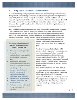 V.    Using Always Events® to Educate Providers
    In addition to being used by organizational providers to improve the patient experience,
    Always Events are also being used to train more humanistic, patient-centered physicians.
    Since 2005, the Picker Institute has partnered with the Arnold P. Gold Foundation, a
    nonprofit organization dedicated to the advancement of humanism in medicine. The Gold
    Foundation has developed criteria to advance humanistic, patient-centered physician
    behaviors that perfectly complement the Picker Institute principles of patient-centered
    care stated on p. 4.

  The Picker Institute and Gold Foundation conduct an annual Graduate Medical Education
  (GME) challenge grant program designed to support research and development of
  innovative projects and best practices in the education of future practicing physicians.
  Since 2010, each GME grantee has incorporated one or more Always Events into their
  educational initiatives. To date, nineteen GME grantees have completed their Always
                                             Events initiatives and five additional GME
                                             grantees have committed to implement an
  The Arnold P. Gold Foundation              Always Event as part of the 2012-2013 grant
  Criteria to Advance Humanistic,            cycle.
        Patient-Centered Care
                                             The Always Events embedded by the GME
 Shows respect for the patient’s            grantees in their programs are wide-ranging and
   viewpoint                                 address many aspects of patient-centered
 Displays effective and empathetic          communication and coordination between
   communication and listening               physicians, patients, and families. The GME
   skills                                    grantees have produced a wide range of tools and
 Demonstrates sensitivity in                resources that are available for any organization
   working with patients and family          to adapt and use, which can be accessed online in
   members of diverse cultural and           the GME toolbox
   social backgrounds                        http://cgp.pickerinstitute.org/?page_id=1230.
   Is sensitive to and effectively         The applicability of the innovative approaches
    identifies emotional and                implemented by the GME grantees is not limited
    psychological concerns of               to formal graduate medical education for
    patients and family members             physicians. The techniques and strategies used to
   Engenders trust and confidence          develop patient-centered physicians can be used
   Adheres to professional and             by any organization that is training healthcare
    ethical standards                       providers, including in facility orientation
   Displays compassion and respect         programs.
    throughout the patient
    interaction                                                                                  Page | 22
 