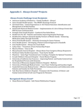 Appendix C: Always Events® Projects

Always Events Challenge Grant Recipients
   American Academy of Pediatrics – Family Feedback – Always!
   Anne Arundel Health System – The SMART Discharge Protocol
   Cleveland Clinic – Unmet Expectations re: ICU Patient Outcomes: Identification and
    Management of At Risk Families
   Dartmouth-Hitchcock Medical Center – Implementation of a Set of Always Events that
    Will Increase Communication
   Exempla Saint Joseph Hospital – Comfort & Pain Relief Menu
   Health Care For All – Patients and Families Improving Hospital Discharge
   Healthcentric Advisors (formerly Quality Partners of Rhode Island) – Enhancing
    Medication Safety Through PictureRx
   Henry Ford Health System – Dementia Screening for Senior Patients
   Inova Health System – Developing a Patient-Centered Approach to Handoffs
   Iowa Health System – Always Use Teach Back!
   Lahey Clinic – Transitions of Care Partnership Project
   March of Dimes – Close to Me
   Massachusetts General Hospital – Always Know Your Caregiver/Always Responsive
   Northeast Valley Health Corporation – Team Up for Health
   Planetree – Same Page Transitional Care: Creating a Template for Optimal Transitions
   St. Jude Children’s Research Hospital – Parent Mentor Program
   University of California San Francisco – Improving Patient- and Family-Centered Care
    for Hospitalized Persons with Dementia
   University of Minnesota Amplatz Children’s Hospital – MyStory
   University of Pittsburgh Medical Center – Care Team Twittering and Guardian Angels
   Vanderbilt University Medical Center – Effective Communication and Collaboration with
    Patients and Families for Falls Prevention
   Yale-New Haven Children’s Hospital – Premature Life Transitions: A Patient- and
    Family-Centered End-of-Life Care Program for Neonates


Recognized Always Event®
   Sharp Memorial Hospital – Safe Patient Mobilization Program




                                                                                        Page | 32
 