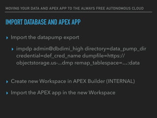 MOVING YOUR DATA AND APEX APP TO THE ALWAYS FREE AUTONOMOUS CLOUD
▸ Import the datapump export
▸ impdp admin@dbdimi_high directory=data_pump_dir
credential=def_cred_name dumpﬁle=https://
objectstorage.us-...dmp remap_tablespace=…:data
▸ Create new Workspace in APEX Builder (INTERNAL)
▸ Import the APEX app in the new Workspace
IMPORT DATABASE AND APEX APP
 