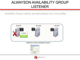 ALWAYSON AVAILABILITY GROUP
               LISTENER
Availability Groups Listener pozwala połączyć się z inną repliką




           ServerA                                  ServerB                        ServerC

                     2                         2                               2
                    DB                        DB                              DB

                     TechAG1

                     TechListener1


          Primary                                  Primary
                                                   Secondary                  Secondary
                                     Aplikacja w trakcie wystąpienia awarii
 
