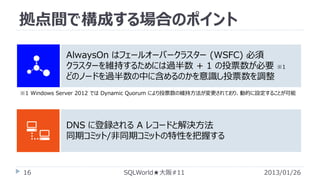 拠点間で構成する場合のポイント
AlwaysOn はフェールオーバークラスター (WSFC) 必須
クラスターを維持するためには過半数 + 1 の投票数が必要 ※1
どのノードを過半数の中に含めるのかを意識し投票数を調整
※1 Windows Server 2012 では Dynamic Quorum により投票数の維持方法が変更されており、動的に設定することが可能

DNS に登録される A レコードと解決方法
同期コミット/非同期コミットの特性を把握する

16

SQLWorld★大阪#11

2013/01/26

 