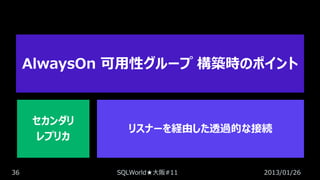 AlwaysOn 可用性グループ 構築時のポイント

セカンダリ
レプリカ
36

リスナーを経由した透過的な接続

SQLWorld★大阪#11

2013/01/26

 