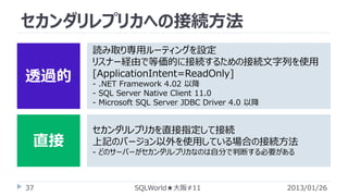 セカンダリレプリカへの接続方法
透過的

直接
37

読み取り専用ルーティングを設定
リスナー経由で等価的に接続するための接続文字列を使用
[ApplicationIntent=ReadOnly]
- .NET Framework 4.02 以降
- SQL Server Native Client 11.0
- Microsoft SQL Server JDBC Driver 4.0 以降

セカンダリレプリカを直接指定して接続
上記のバージョン以外を使用している場合の接続方法
- どのサーバーがセカンダリレプリカなのは自分で判断する必要がある

SQLWorld★大阪#11

2013/01/26

 
