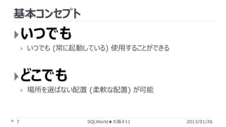 基本コンセプト

 いつでも


いつでも (常に起動している) 使用することができる

 どこでも


7

場所を選ばない配置 (柔軟な配置) が可能

SQLWorld★大阪#11

2013/01/26

 