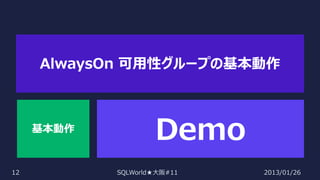 AlwaysOn 可用性グループの基本動作

基本動作

12

Demo
SQLWorld★大阪#11

2013/01/26

 