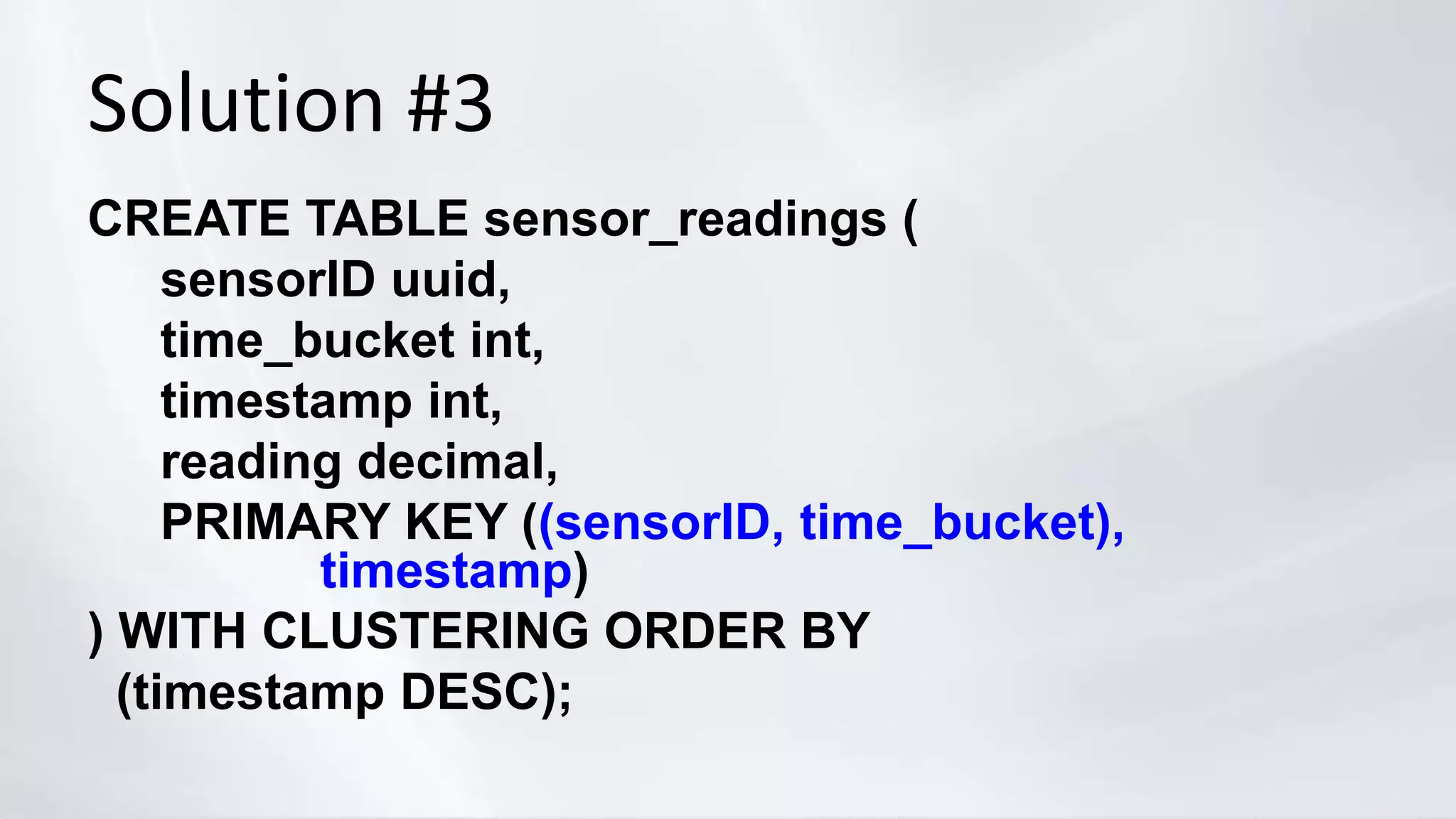 Solution #3
CREATE TABLE sensor_readings (
sensorID uuid,
time_bucket int,
timestamp int,
reading decimal,
PRIMARY KEY ((sensorID, time_bucket),
timestamp)
) WITH CLUSTERING ORDER BY
(timestamp DESC);
 