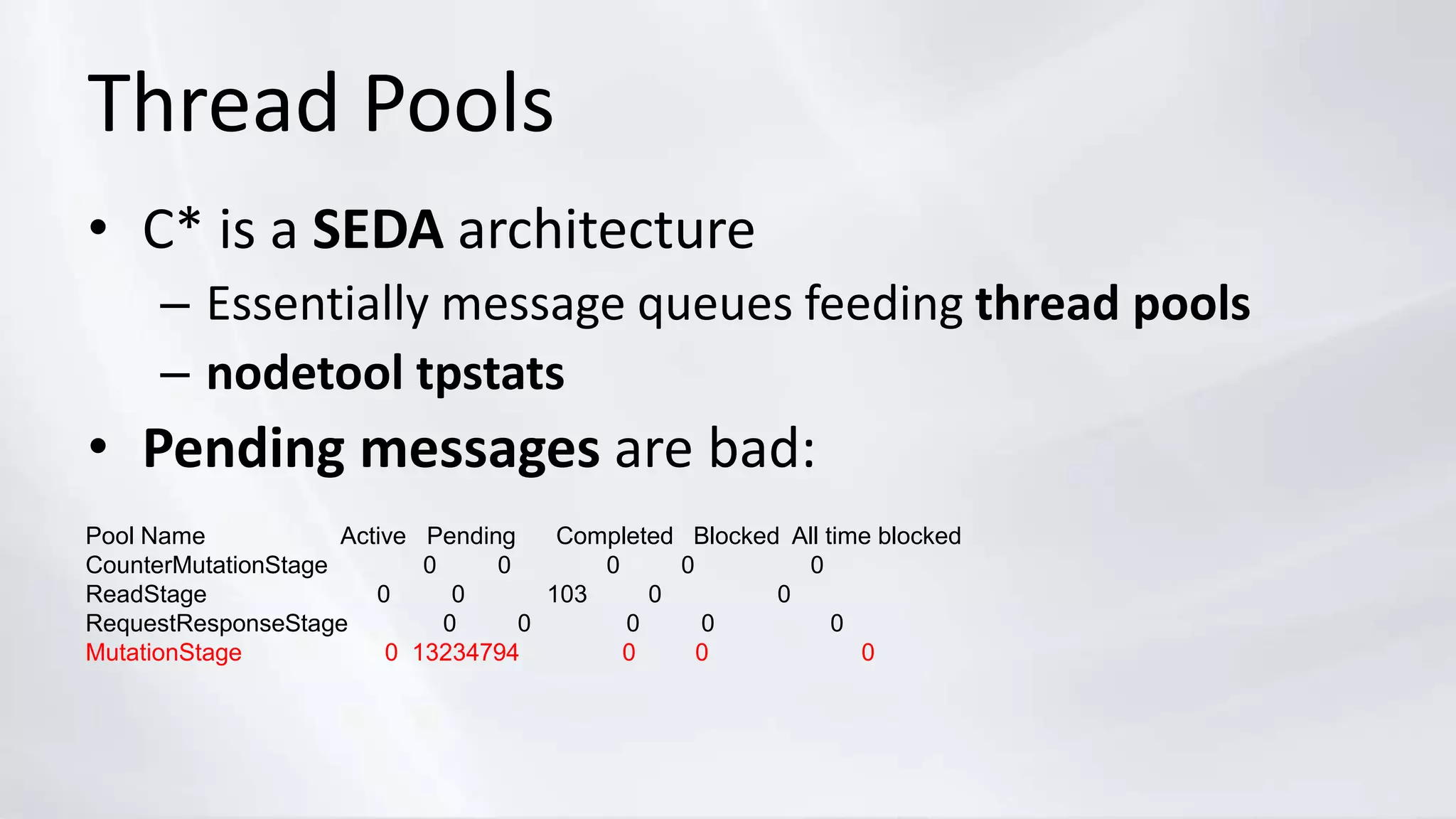 Thread Pools
• C* is a SEDA architecture
– Essentially message queues feeding thread pools
– nodetool tpstats
• Pending messages are bad:
Pool Name Active Pending Completed Blocked All time blocked
CounterMutationStage 0 0 0 0 0
ReadStage 0 0 103 0 0
RequestResponseStage 0 0 0 0 0
MutationStage 0 13234794 0 0 0
 