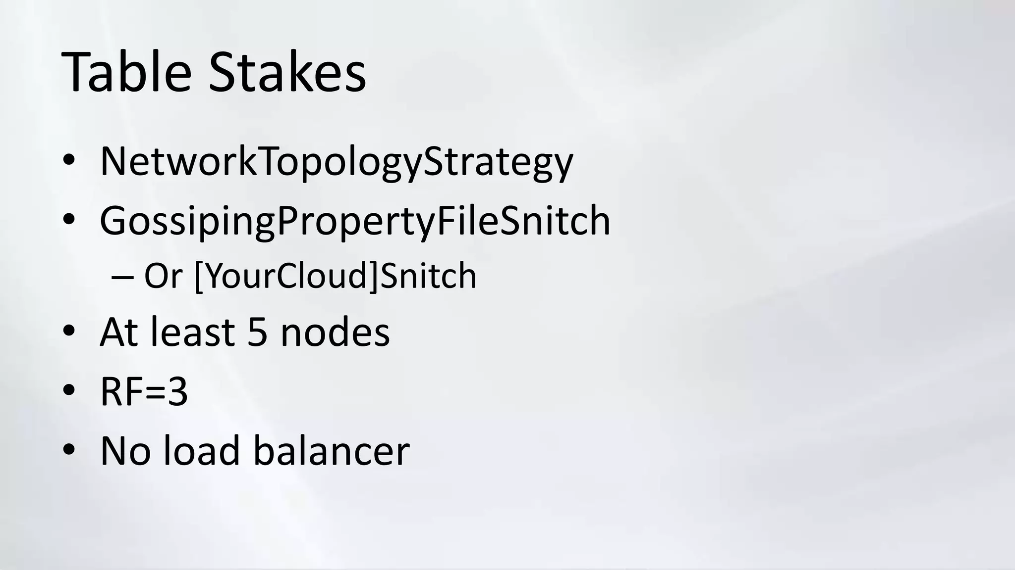 Table Stakes
• NetworkTopologyStrategy
• GossipingPropertyFileSnitch
– Or [YourCloud]Snitch
• At least 5 nodes
• RF=3
• No load balancer
 