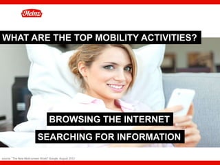 WHAT ARE THE TOP MOBILITY ACTIVITIES?




                                    BROWSING THE INTERNET
                           SEARCHING FOR INFORMATION

source: “The New Multi-screen World” Google, August 2012    19
 