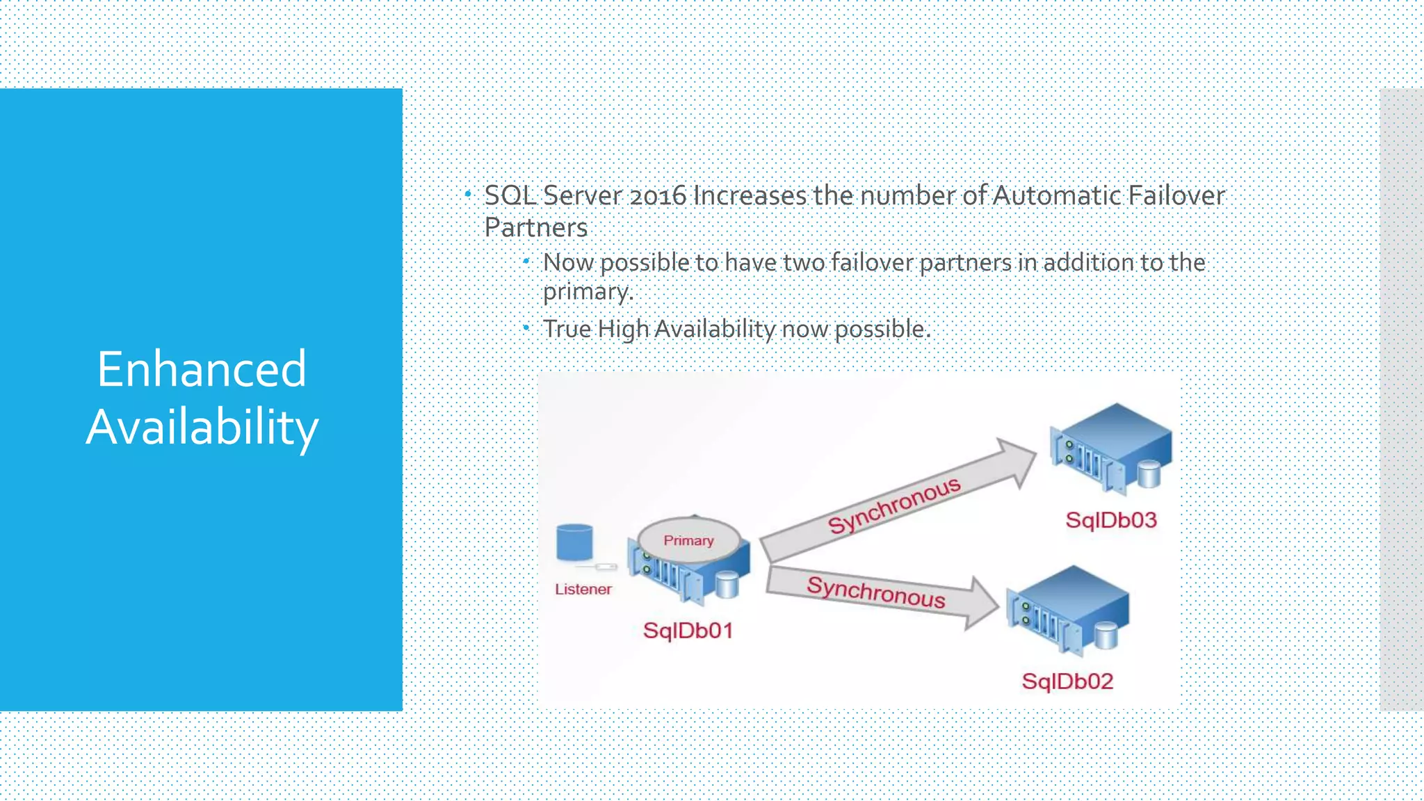 Enhanced
Availability
 SQL Server 2016 Increases the number of Automatic Failover
Partners
 Now possible to have two failover partners in addition to the
primary.
 True HighAvailability now possible.
 