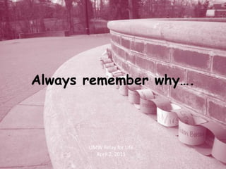Always remember why…. UMW Relay for Life April 2, 2011 