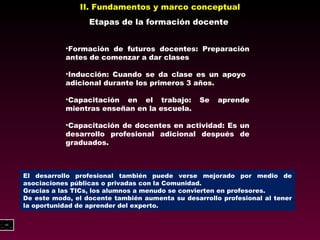 II. Fundamentos y marco conceptual Etapas de la formación docente Formación de futuros docentes: Preparación antes de comenzar a dar clases Inducción: Cuando se da clase es un apoyo  adicional durante los primeros 3 años. Capacitación en el trabajo: Se aprende mientras enseñan en la escuela. Capacitación de docentes en actividad: Es un desarrollo profesional adicional después de graduados. El desarrollo profesional también puede verse mejorado por medio de asociaciones públicas o privadas con la  Comunidad. Gracias a las TICs, los alumnos a menudo se convierten en profesores. De este modo, el docente también aumenta su desarrollo profesional al tener la oportunidad de aprender del experto. 
