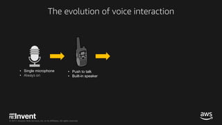© 2017, Amazon Web Services, Inc. or its Affiliates. All rights reserved.
• Single microphone
• Always on
• Push to talk
• Built-in speaker
The evolution of voice interaction
 