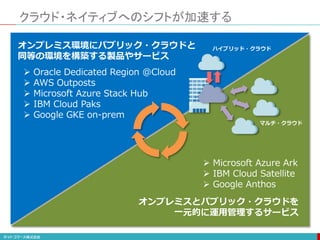 クラウド・ネイティブへのシフトが加速する
 Oracle Dedicated Region @Cloud
 AWS Outposts
 Microsoft Azure Stack Hub
 IBM Cloud Paks
 Google GKE on-prem
 Microsoft Azure Ark
 IBM Cloud Satellite
 Google Anthos
オンプレミス環境にパブリック・クラウドと
同等の環境を構築する製品やサービス
オンプレミスとパブリック・クラウドを
一元的に運用管理するサービス
ハイブリッド・クラウド
マルチ・クラウド
 