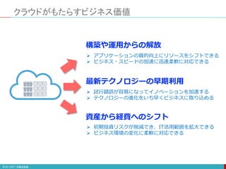 クラウドがもたらすビジネス価値
構築や運用からの解放
最新テクノロジーの早期利用
資産から経費へのシフト
 アプリケーションの質的向上にリソースをシフトできる
 ビジネス・スピードの加速に迅速柔軟に対応できる
 試行錯誤が容易になってイノベーションを加速する
 テクノロジーの進化をいち早くビジネスに取り込める
 初期投資リスクが削減でき、IT活用範囲を拡大できる
 ビジネス環境の変化に柔軟に対応できる
 