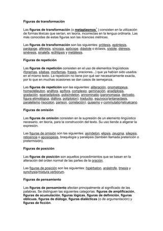 Figuras de transformación

Las figuras de transformación (o metaplasmos1 ) consisten en la utilización
de formas léxicas que serían, en teoría, incorrectas en la lengua ordinaria. Las
más conocidas de estas figuras son las licencias métricas.

Las figuras de transformación son las siguientes: prótesis, epéntesis,
parágoge, aféresis, síncopa, apócope, diástole o éctasis, sístole, diéresis,
sinéresis, sinalefa, ecthlipsis y metátesis.

Figuras de repetición

Las figuras de repetición consisten en el uso de elementos lingüísticos
(fonemas, sílabas, morfemas, frases, oraciones...) que ya habían sido usados
en el mismo texto. La repetición no tiene por qué ser necesariamente exacta,
por lo que en muchas ocasiones se dan casos de semejanza.

Las figuras de repetición son las siguientes: aliteración, onomatopeya,
homeotéleuton, anáfora, epífora, complexio, geminación, anadiplosis,
gradación, epanadiplosis, polisíndeton, annominatio (paronomasia, derivatio,
figura etimológica, diáfora, políptoton), traductio, equívoco/antanaclasis,
paralelismo (isocolon, parison, correlación), quiasmo y commutatio/retruécano.

Figuras de omisión

Las figuras de omisión consisten en la supresión de un elemento lingüístico
necesario, en teoría, para la construcción del texto. Su uso tiende a aligerar la
expresión.

Las figuras de omisión son las siguientes: asíndeton, elipsis, zeugma, silepsis,
reticencia o aposiopesis, braquilogía y paralipsis (también llamada preterición o
pretermisión).

Figuras de posición

Las figuras de posición son aquellos procedimientos que se basan en la
alteración del orden normal de las partes de la oración.

Las figuras de posición son las siguientes: hipérbaton, anástrofe, tmesis y
synchysis/mixtura verborum.

Figuras de pensamiento

Las figuras de pensamiento afectan principalmente al significado de las
palabras. Se distinguen las siguientes categorías: figuras de amplificación,
figuras de acumulación, figuras lógicas, figuras de definición, figuras
oblicuas, figuras de diálogo, figuras dialécticas (o de argumentación) y
figuras de ficción.
 