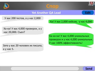 Спор
Send
У вас 200 тестов, а у нас 2,000
Ха! У вас 2,000 кейсов, у нас 4,000
Ха-ха! У вас 4,000 проверок, а у
нас 20,000. Съел?
Ха-ха-ха! У вас 4,000 уникальных
проверок и у нас 4,000 уникальных.
У нас 100% эффективность!
Зато у вас 20 человек их писало,
а у нас 5.
EditYet Another QA Lead
 