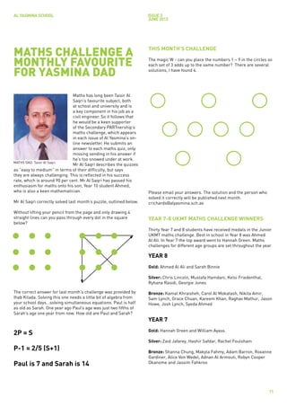 AL YASMINA SCHOOL                                                   issue 3
                                                                    JUNE 2012




MATHS CHALLENGE A                                                   THIS MONTH’S CHALLENGE

MONTHLY FAVOURITE                                                   The magic W - can you place the numbers 1 – 9 in the circles so
                                                                    each set of 3 adds up to the same number? There are several

FOR YASMINA DAD                                                     solutions, I have found 4.




                               Maths has long been Taisir Al
                               Saqri’s favourite subject, both
                               at school and university and is
                               a key component in his job as a
                               civil engineer. So it follows that
                               he would be a keen supporter
                               of the Secondary PARTnership’s
                               maths challenge, which appears
                               in each issue of Al Yasmina’s on-
                               line newsletter. He submits an
                               answer to each maths quiz, only
                               missing sending in his answer if
                               he’s too snowed under at work.
                               Mr Al Saqri describes the quizzes
as “easy to medium” in terms of their difficulty, but says
they are always challenging. This is reflected in his success
rate, which is around 90 per cent. Mr Al Saqri has passed his
enthusiasm for maths onto his son, Year 10 student Ahmed,
who is also a keen mathematician.                                   Please email your answers. The solution and the person who
                                                                    solved it correctly will be published next month.
Mr Al Saqri correctly solved last month’s puzzle, outlined below.   crichards@alyasmina.sch.ae

Without lifting your pencil from the page and only drawing 4
straight lines can you pass through every dot in the square         YEAR 7-8 UKMT MATHS CHALLENGE WINNERS
below?
                                                                    Thirty Year 7 and 8 students have received medals in the Junior
                                                                    UKMT maths challenge. Best in school in Year 8 was Ahmed
                                                                    Al Ali. In Year 7 the top award went to Hannah Green. Maths
                                                                    challenges for different age groups are set throughout the year.

                                                                    YEAR 8
                                                                    Gold: Ahmed Al Ali and Sarah Binnie

                                                                    Silver: Chris Lincoln, Mustafa Hamdani, Kelsi Friedenthal,
                                                                    Ryhana Rasidi, Georgie Jones

The correct answer for last month’s challenge was provided by       Bronze: Kamal Khraisheh, Carol Al Mokatash, Nikita Amir,
Ihab Kilada. Solving this one needs a little bit of algebra from    Sam Lynch, Grace Chuan, Kareem Khan, Raghav Mathur, Jason
your school days…solving simultaneous equations. Paul is half       Howe, Josh Lynch, Syeda Ahmed
as old as Sarah. One year ago Paul’s age was just two fifths of
Sarah’s age one year from now. How old are Paul and Sarah?
                                                                    YEAR 7
                                                                    Gold: Hannah Green and William Ayass.
2P = S
                                                                    Silver: Zaid Jafarey, Hashir Safdar, Rachel Foulsham
P-1 = 2/5 (S+1)                                                     Bronze: Shanna Chung, Makyla Fahmy, Adam Barron, Roxanne
                                                                    Gardiner, Alice Von Wedel, Adnan Al Armouti, Robyn Cooper
Paul is 7 and Sarah is 14                                           Okanome and Jassim Fahkroo




                                                                                                                                  11
 